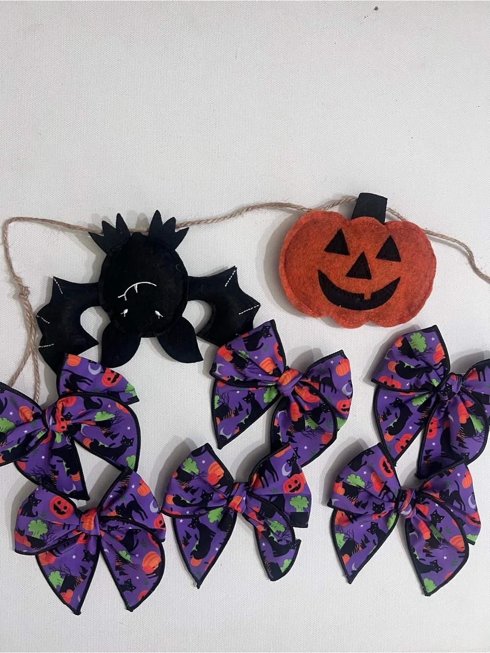 Handmade Halloween Hair Bow – Spooky Black Cat & Pumpkin Print (3.5”)